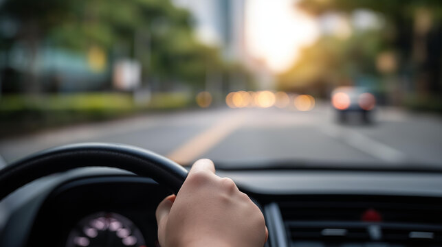 Driver's license test course drive defocused road training, faceless learning path, driving visualization detail, blurred route background, test concept, course interface, road dis