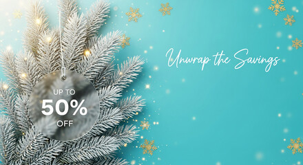 Frosted branch of evergreen tree with tag, featuring golden snowflake accents on aqua background, suggesting Christmas sale or holiday promotion event