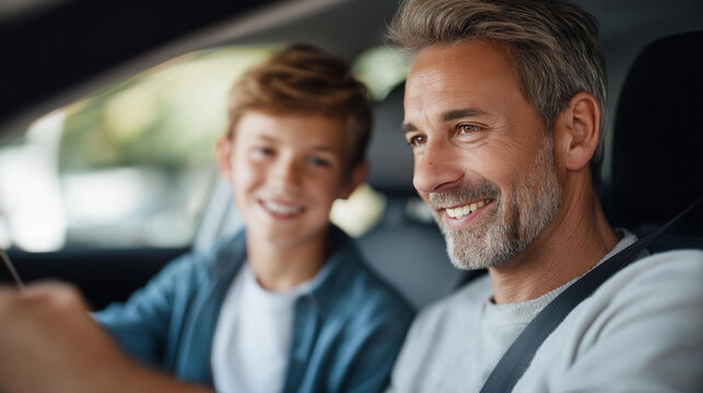 Father with teenage son driving defocused learning together, faceless family instruction, teaching visualization detail, blurred vehicle background, parental concept, guidance inte