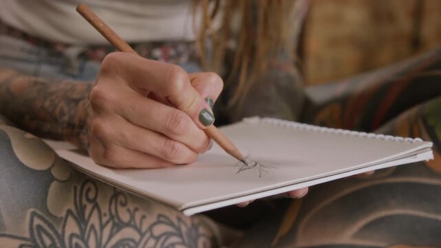 Cropped shot of hands of unrecognizable inspired female artist with tattooed skin drawing sketch using pencil