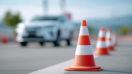 White car traffic cones in defocused driving test, faceless practice area, training visualization detail, blurred course background, examination concept, driving interface, test di
