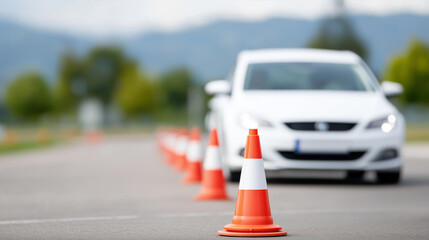 White car traffic cones in defocused driving test, faceless practice area, training visualization detail, blurred course background, examination concept, driving interface, test di