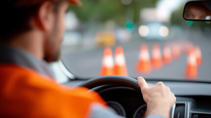 Driving instructor puts cones before defocused driving test, faceless preparation work, setup visualization detail, blurred course background, training concept, instructor interfac