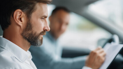 Driving instructor observing student performance defocused during lesson, faceless teaching moment, evaluation visualization detail, blurred vehicle background, instruction concept