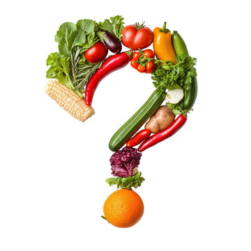 Colorful arrangement of fresh vegetables and fruits shaped as a question mark on a plain background.