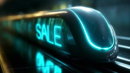 Futuristic transit vehicle with illuminated 'SALE' sign, showcasing advanced design and promotion in a modern commercial environment, highlighting trends in transportation and marketing.