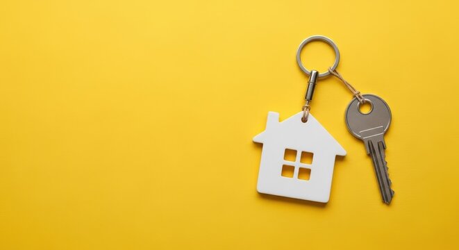 House key with house shaped keychain on yellow background with copy space