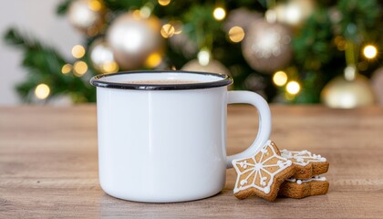 Cozy Christmas morning with coffee and gingerbread cookies by the tree, perfect for holiday promotions and heartwarming seasonal campaigns