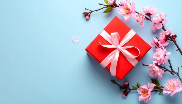 Elegant red gift box with soft pink ribbon and spring cherry blossoms on a light blue background creates a feeling of love and appreciation for special occasions