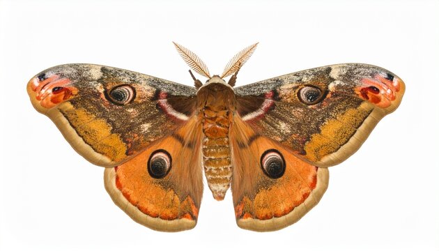 Colorful moth with eye-like wing spots spread wide against neutral background. - Powered by Adobe