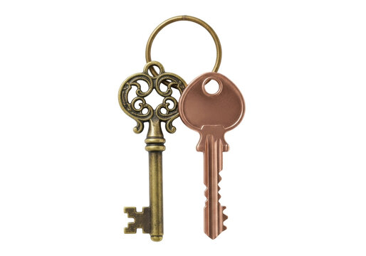 Isolated pair of antique and modern keys hanging on a metal ring ready to use access