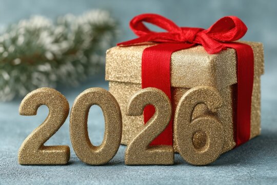 Golden glitter numbers 2026 with red gift box on blue background for New Year celebration