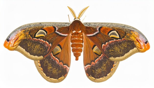 Colorful moth with eye-like wing spots spread wide against neutral background.