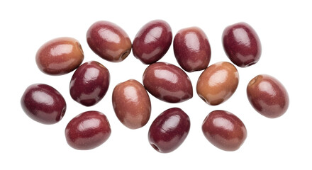 Isolated group of ripe Kalamata olives against neutral backdrop for food design projects