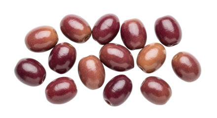 Isolated group of ripe Kalamata olives against neutral backdrop for food design projects