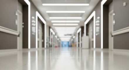 Fototapeta premium Modern hospital corridor with bright lights, clean floor, and doors