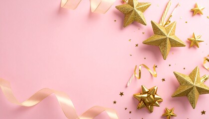 Celebrate special moments with sparkling gold stars and ribbons on a soft pink backdrop creating joyful memories and magical moments for holiday celebrations