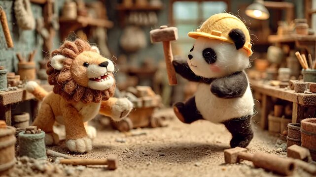 Lion and panda bear craftsmen in workshop scene with tools