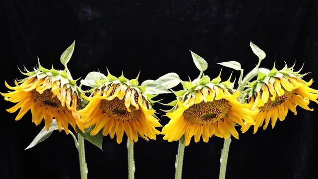 Four sunflowers stand tall against a black backdrop displaying their vibrant yellow petals and green leaves