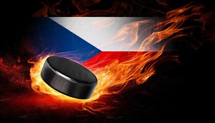 A flaming hockey puck glows against the Czech flag, radiating intense energy. The scene blends national pride with fiery ice hockey passion.  