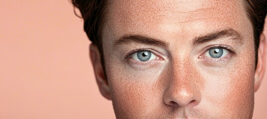 Obraz premium Close-up Portrait of a Mature Man with Clear Skin, Freckles, and Calm Gaze on Soft Pastel Background