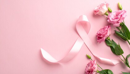 Pink ribbon and delicate flowers symbolize hope and awareness for breast cancer campaigns, fundraising events, and support initiatives promoting early detection