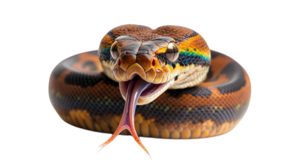 Colorful snake with vibrant patterns resting and flicking its tongue in a bright setting.