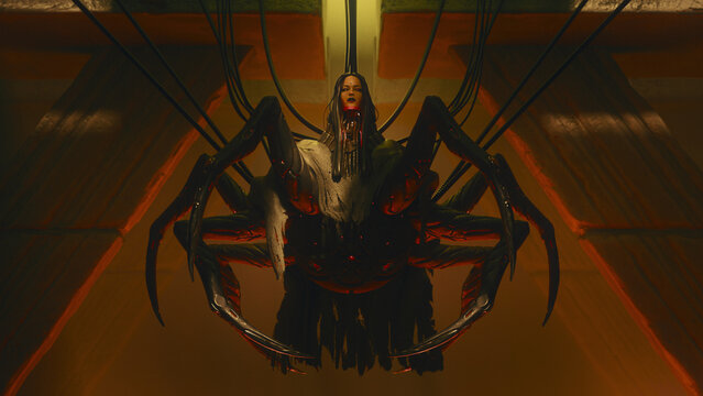 3d rendering of beautiful, sad spider girl with long black hair in torn cloak hangs on wires connected to her spine and hacks the security system. Atmospheric volumetric light in futuristic interior.