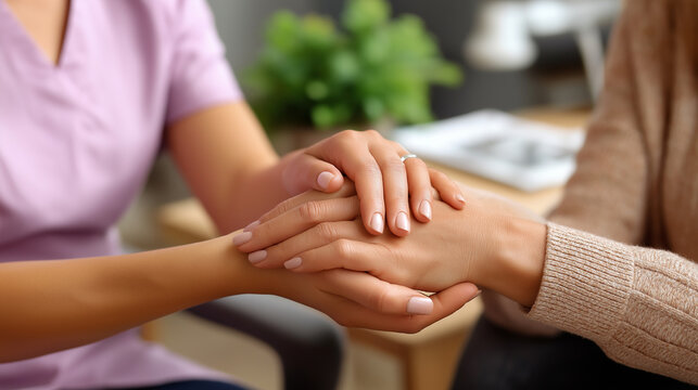 Empathy consultation scene, nurse patient interaction, hands holding support, healthcare advice giving, counseling trust building, medical therapy session, nursing home care, defoc