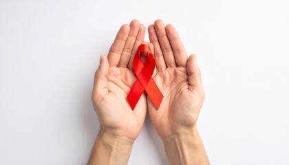 Show your support with this red ribbon held in caring hands, a symbol of awareness and hope for a world without AIDS, representing compassion and solidarity for campaigns