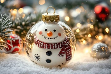 Christmas bauble over the winter snowman festival outdoors.