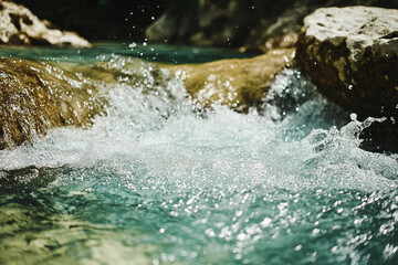 Fototapeta premium Majestic waterfall landscape with turquoise water and rocks, natural scenic beauty in motion, generative ai