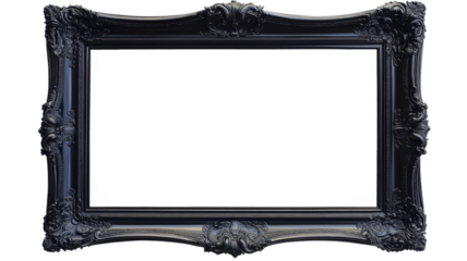 This ornate black frame features intricate carvings, perfect for displaying artwork or photographs in stylish interiors.
