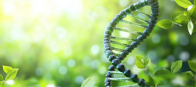 A Photorealistic Depiction of a DNA Helix Surrounded by Lush Greenery and Soft Bokeh Effects