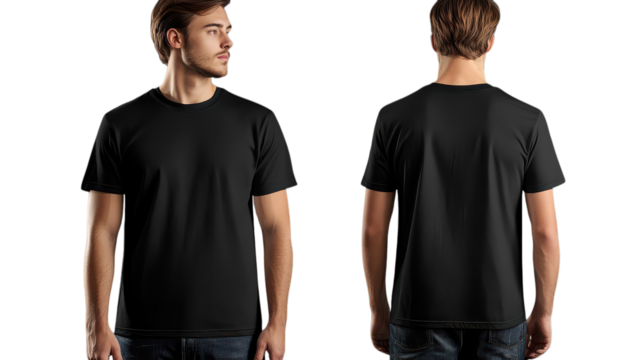 A man models a simple black t-shirt, highlighting both the front and back designs in a clean studio setting.