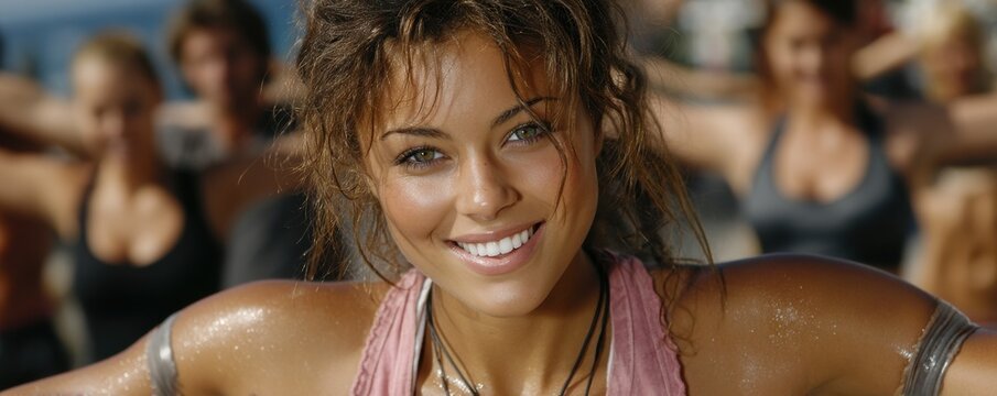 Smiling woman leads a diverse group through an outdoor stretching and fitness class - Powered by Adobe