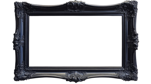 This ornate black frame features intricate carvings, perfect for displaying artwork or photographs in stylish interiors.