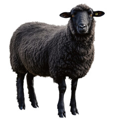 Obraz premium A black sheep stands quietly, displaying its thick wool and peaceful presence in front of a plain backdrop.