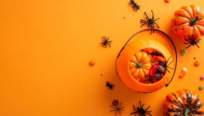 Spooky Halloween treats scattered on vibrant orange surface, pumpkins, spiders, and candy fill the holiday bucket for a festive autumn celebration, ready for trick-or-treating