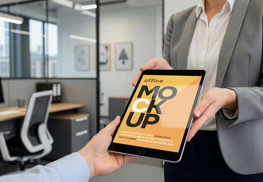 Tablet mockup in an office setting