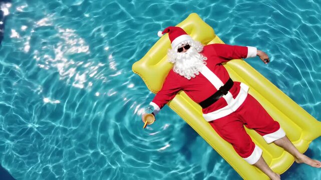 Humorous Overhead Shot of Santa Claus Relaxing on Pool Float in Summer
