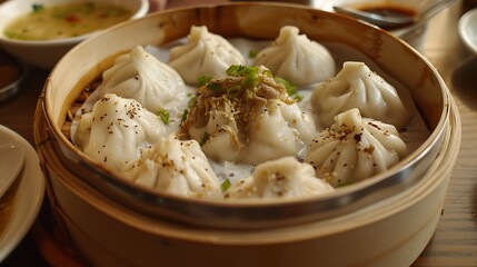 A close up of a bamboo steamer filled with dumplings topped with green onions and other toppings