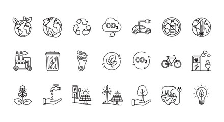 Set of ecology and environment icons simple line vector symbols for sustainable living and green ene