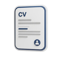 Contemporary 3D icon of a professional Curriculum Vitae (CV) document with text lines and user profile symbol, representing job applications, career development, and hiring processes