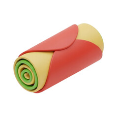 Stylized 3D graphic illustration of a vibrant food roll, showcasing distinct layers of red, yellow, and green, perfect as an appetising icon or decorative culinary element