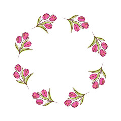 Tulip flower wreath in simple flat style, perfect for spring card, botanical illustration, floral art and design. Isolated on white background.