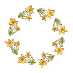 Wreath with Daffodil flower with yellow petals and green leaves. Floral illustration for spring design, greeting card and nature themed artwork in flat style.