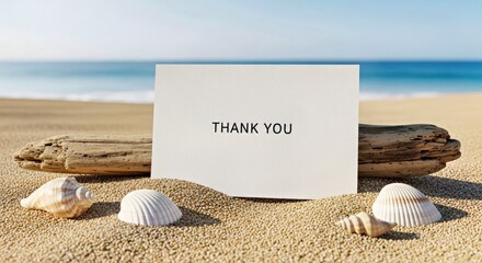 Thank You Card on Beach Sand with Seashells and Driftwood