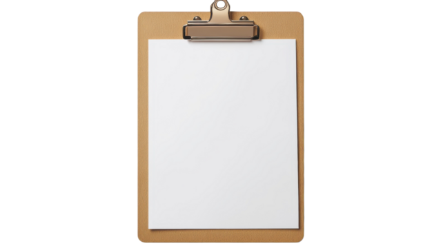 Clipboard with blank paper ready for notes during a meeting or classroom session in an office environment.