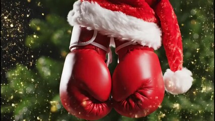 Red Boxing Gloves Wearing a Santa Hat with Gold Glitter and Snow on Green Background